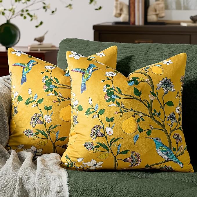 MUSSEL Yellow Velvet Floral Decorative 16x16 Pillow Covers Set of 2 | Soft Durable and Sturdy,Bird Plant,Throw Pillows Case,Square,Colorful Farmhouse Cushion Covers,Home Sofa Bed Couch Decor