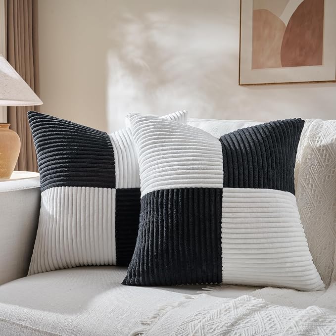 Fancy Homi Set of 2 Black White Decorative Throw Pillow Covers 22x22 Inch for Living Room Couch Bed Sofa, Farmhouse Boho Home Decor, Soft Cross Corduroy Patchwork Accent Square Cushion Case 55x55 cm