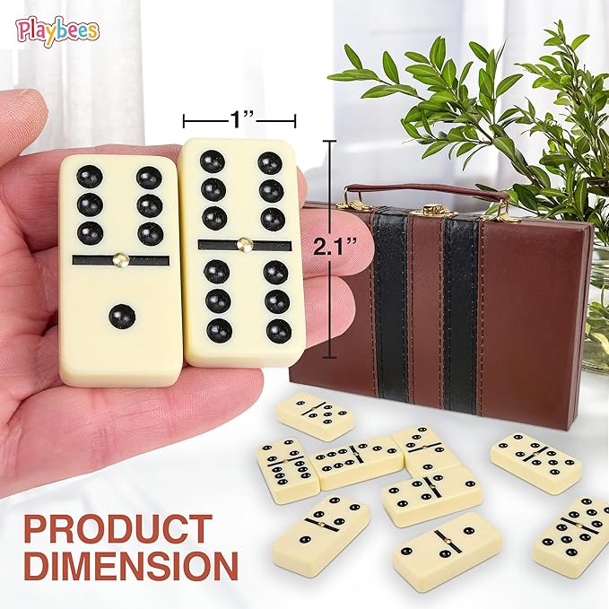 Jumbo Double Six Dominoes Set - 28 White Classic Tiles in Faux Leather Case - Fun Educational Toy for Kids, Boys, Girls, Classroom Kit, Classic Game Night Party Favors Set, Travel-Friendly