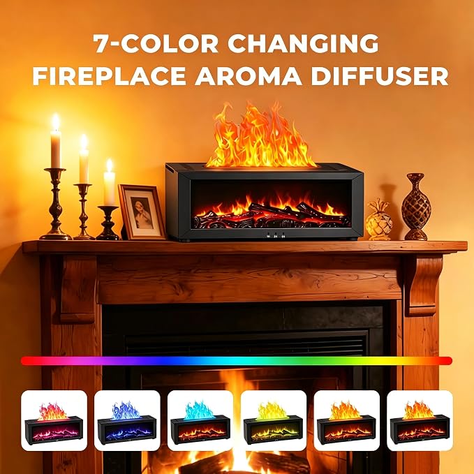 Fireplace Flame Essential Oil Diffuser, 7-Color LED Ultrasonic Aromatherapy Humidifier, 150ml, Cool Mist, with Remote Control and Timer, for Home Bedroom Office Yoga (Black)