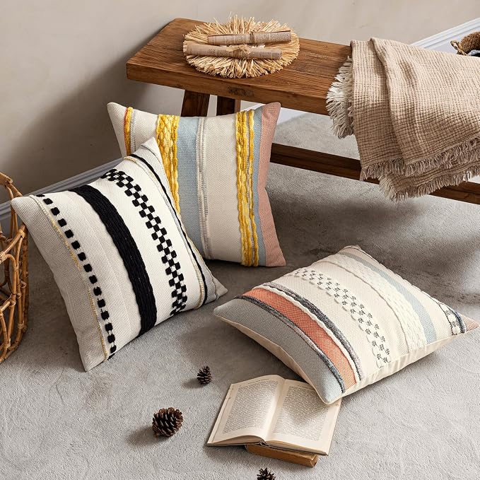 ANRODUO Boho Decorative Pillow Covers 20x20 Orange-Blue Stripe Pack of 2 | Throw Pillow Covers, Farmhouse Cushion Case, Chenille Pillow Cases, Pillow Covers, Accent Neutral Pillowcase for Sofa Couch
