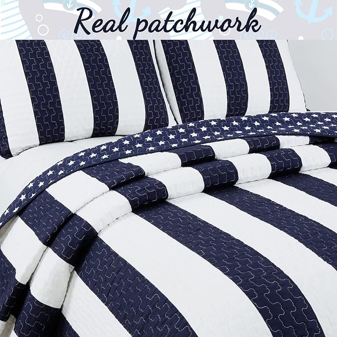 Cozy Line Home Fashions Sailor Popeye 's Bedding Quilt Set, Nautical Navy Blue White Star Striped 100% Cotton Reversible Coverlet Bedspread for Kids Boy (Sailor Star, Twin - 2 Piece)