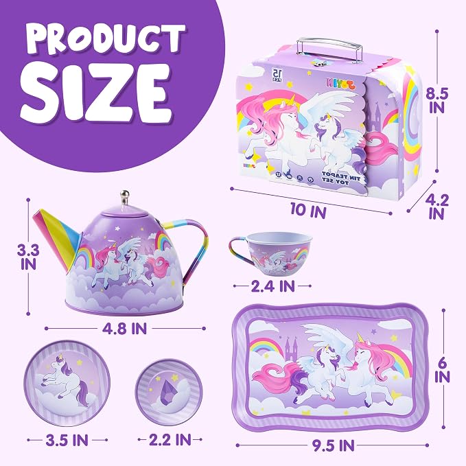 JOYIN Unicorn Tea Party Set for Little Girls, Pretend Purple Tin Teapot Set, Princess Tea Time Play Kitchen Toy with Teapot, Cup, Plate, Carrying Case for Kids Toddler Age 3+, Birthday Gifts