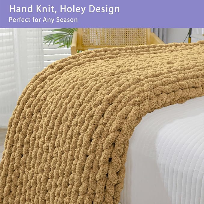 Bigacogo Chunky Knit Throw Blanket for Couch, 51x63 inches, Goldenrod | Hand Knit with Jumbo Chenille, Soft Breathable Cable Knit for Sofa Bed Living Room, Machine Washable, Gift for Mom Friend