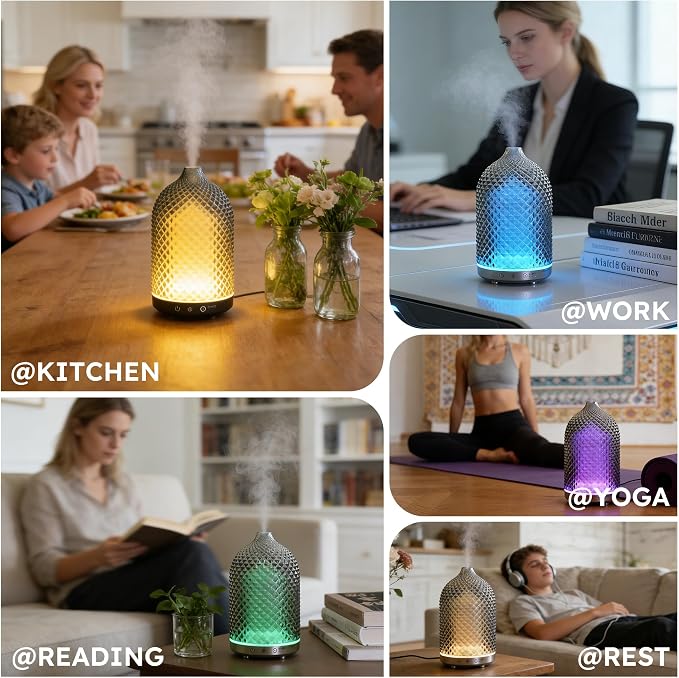 Essential Oil Diffuser 150ml, Glass Diffuser with Ultrasonic Small Humidifier, 7 Color Lights, 1/2/4H Timer, Quiet Auto Shut-Off Oil Diffuser for Bedroom, Home, Office (Silvery)