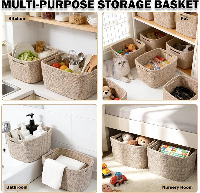 6 Pack Woven Rope Baskets, 12.6"×9"×7.8" Storage Bins, Brown | Storage Boxes for Toys, Books, Towels, Clothes, Shelf Baskets Organizer,Empty Gift Baskets for Living Room, Bathroom, Bedroom