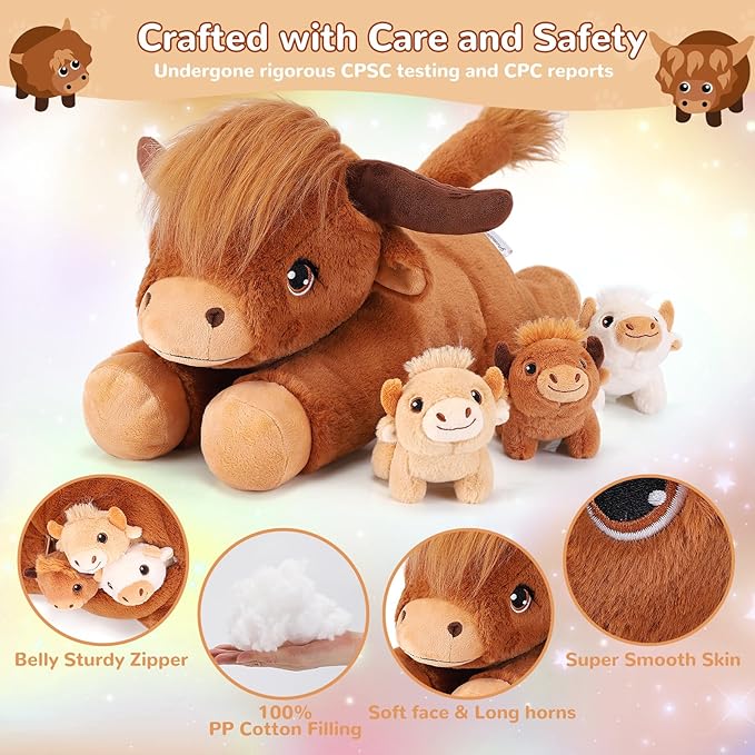 4 Pieces Highland Cow Stuffed Animals - 1 Mommy Stuffed Highland Cow with 3 Babies - Brown Cow Gifts for Girls Age 3-8, Cows Plush Toys for Christmas, Valentine's, Birthday Gifts (Brown)