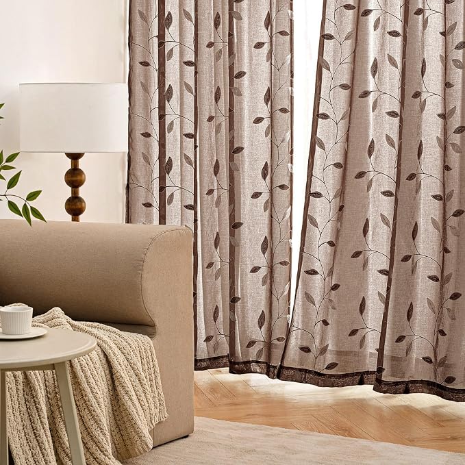 MIULEE Chocolate Brown Sheer Curtains 2 Panels Embroidered Leaf Patterned Rod Pocket Floral Semi Sheer Faux Linen Window Curtains Drapes Set for Living Room Bedroom Dining Room, 52x63 Inches Long