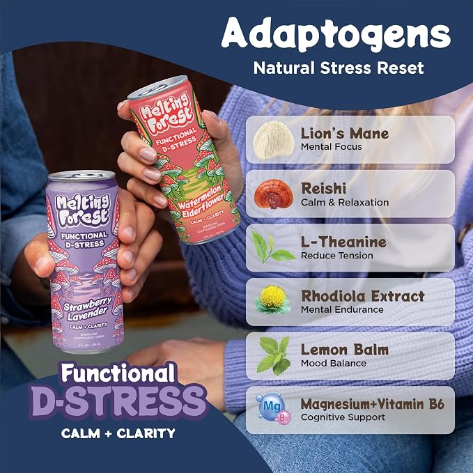 Melting Forest Functional Mushroom D-Stress - Adaptogen Drink with L-Theanine, Reishi, Lion's Mane & Magnesium - Relaxation Drinks for Stress Relief - Zero Sugar, 5 Calories - Variety Pack (12-Pack)