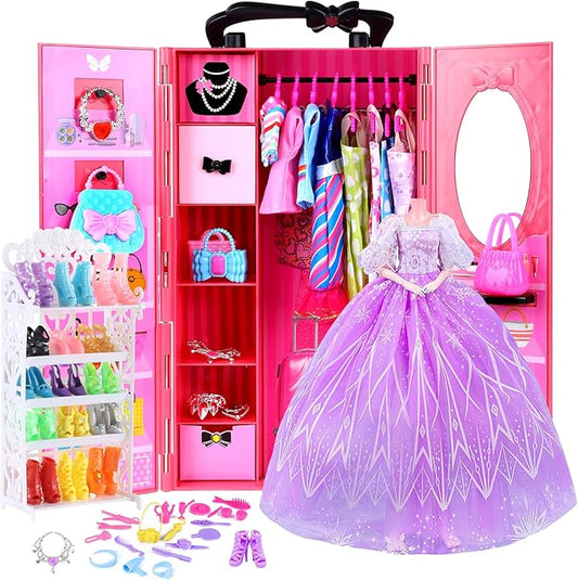 Vueos 157 Pcs Doll Clothes and Accessories with Doll Closet for 11.5 Inch Girl Dolls Including Shoes Rack Wedding Dress Fashion Dress Swimsuits Tops and Pants Hangers Glasses Necklace Bags Shoes