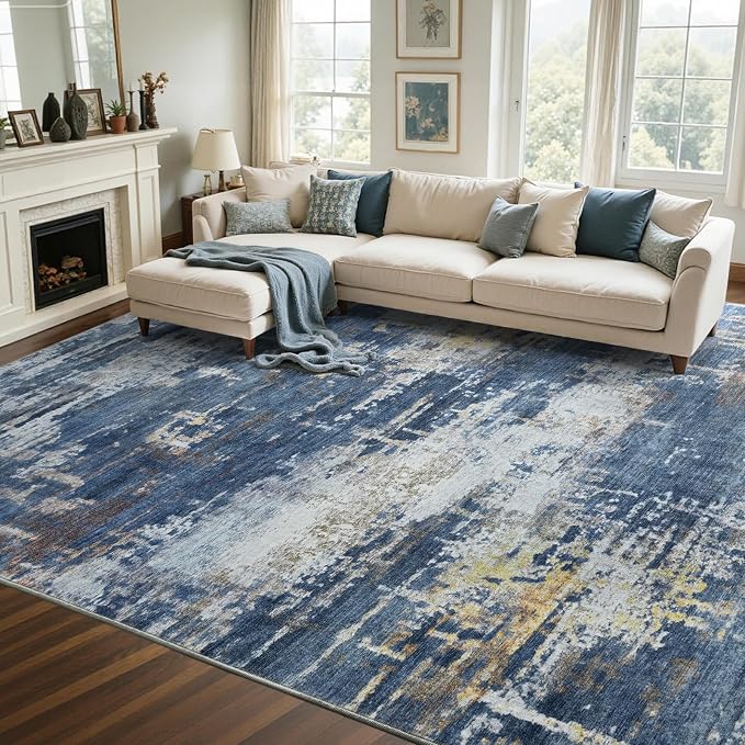 8x10 Ft Large Area Rugs for Living Room, Soft Non-Slip Washable Rugs Modern Abstract Pattern Carpet for Bedroom Indoor Floor Nursery Home Decor (Blue/Gold)