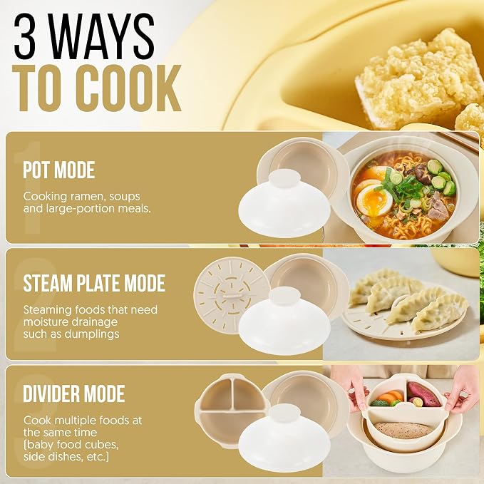 48oz Platinum Silicone 3 Compartmented Microwave Steamer Pot with Handle & Lid - Korean 100% Food-Grade Steamer Bowl, Heat-Resistant Cooker with Steam Holes, Easy Clean, Dishwasher Safe, Yellow