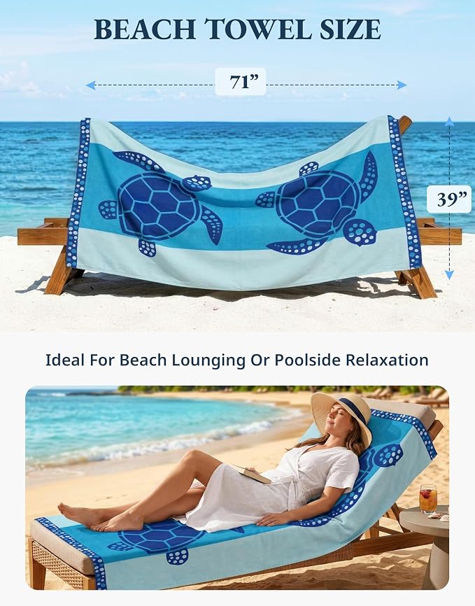 LANE LINEN Beach Towel 2 Pack, Oversized Beach Towel 39"x71", Lightweight Beach Essentials for Women, Large Pool Towel, Absorbent & Quick Dry, Sand Free Beach Towel - Turtle & Coral