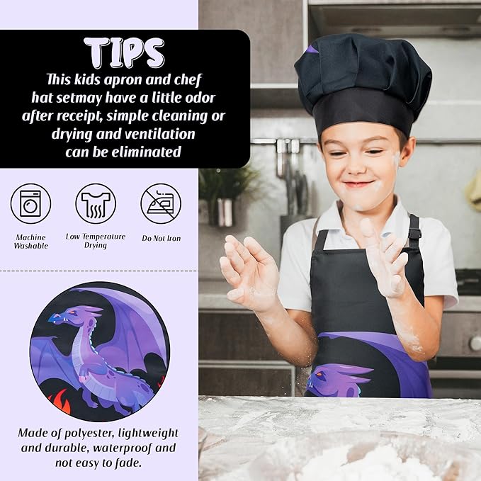 R HORSE Kid Apron and Chef Hat Set - 2Pcs Dragon Adjustable Children Kitchen Apron Dress up Role Play Chef Toy Kid Cooking Gift Birthday for Kids Cooking Baking Painting and Training