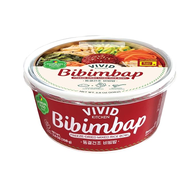 VIVID KITCHEN Freeze-Dried Bibimbap with Zero Sugar Sauce – Plant-Based Korean Meal – 3-Minute Microwave Bibimbap with 8 Vegetables – Lightweight, Portable Bowl (3.8oz / 108g) (3 Pack (3.8 OZ X 3EA), 11.4, Ounce)