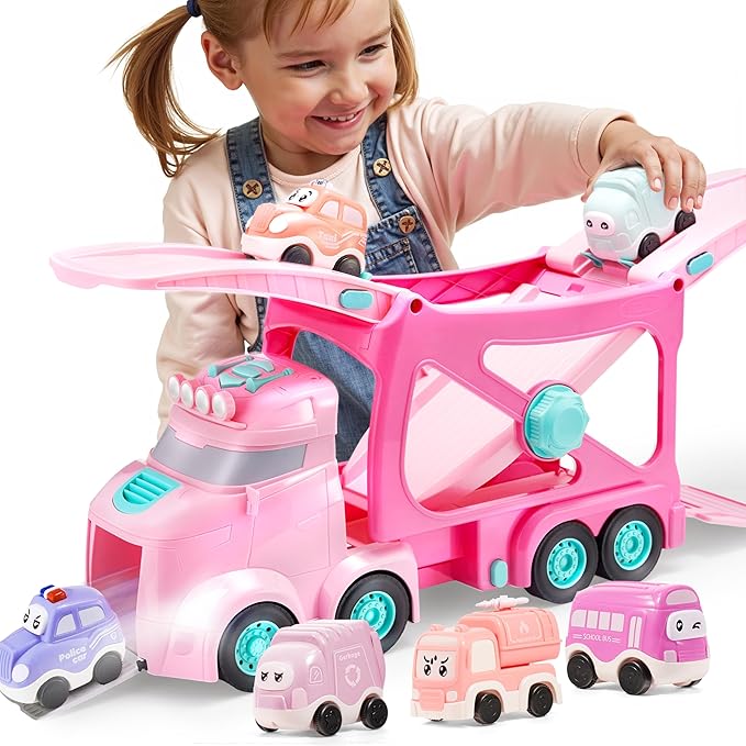 Vroomix Extra Large Toy Trucks for Toddlers, 3-Layer Princess Pink Trucks for Girls, 7-in-1 Big Carrier Truck with Siren & Lights and 6 Toy Cars, Christmas Birthday Gifts for Girls