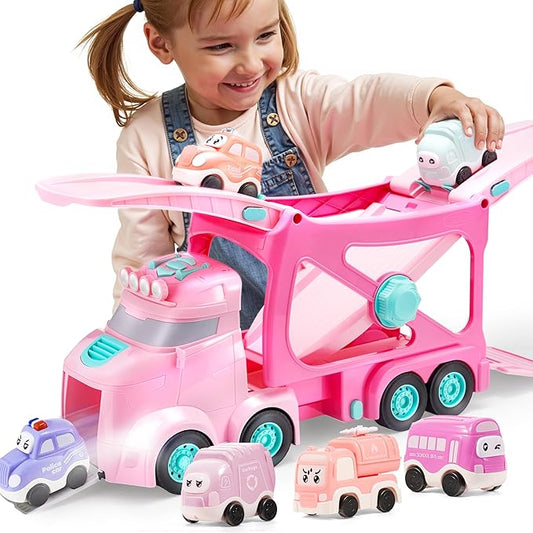 Vroomix Extra Large Toy Trucks for Toddlers, 3-Layer Princess Pink Trucks for Girls, 7-in-1 Big Carrier Truck with Siren & Lights and 6 Toy Cars, Christmas Birthday Gifts for Girls