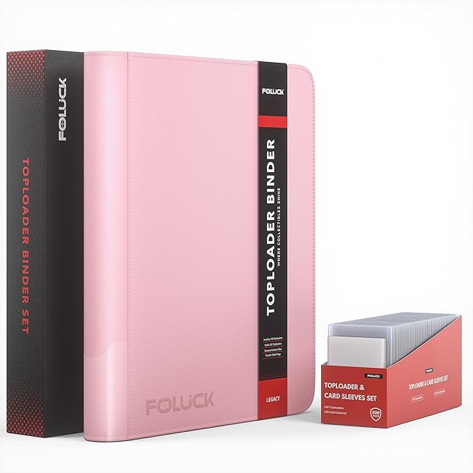 Foluck 9 Pocket Top Loader Binder, Holds 252 Toploaders, 200Pcs Top Loaders & Card Sleeves Included, Side-Loading Trading Card Binder, Premium Collection Album for Pokemon, MTG, Sports Cards (Pink)