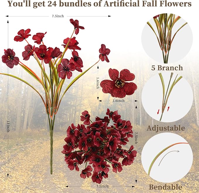 ColoPlay 24PCS Burgundy Artificial Flowers for Outdoors Faux Mums Plant | Artificial Mums for Outdoors/Indoors Faux Mums for Planters, Fall Flowers for Decoration Garden Porch Box Home Farmhouse