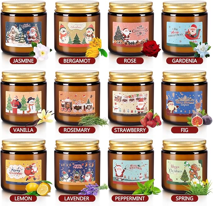 12 Pack Christmas Scented Candle Gift Set, Jar Candle Set (3.5 oz) | Premium Natural Soy Wax Candle,Clean-Burning & Long-Lasting,The Ultimate Christmas Gift & Holiday Decor