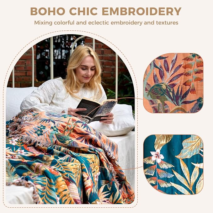 LUTBM Boho Throw Blanket for Couch 50"x60", Cotton Decorative Bed Throws | Reversible Leaves Birds Jacquard, All-Season Lightweight Soft Blanket, For Chair Sofa Bedroom Living Room Decor, Accent Gift