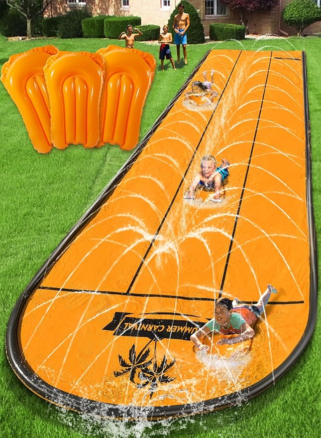 Spring Water Slip and Water Slide for Kids Backyard, 17ft*3 Racing Lanes Slip Water Slides with Sprinkler for Age 5-8 8-12, Summer Outdoor Water Toy with 3 Inflatable Bodyboards