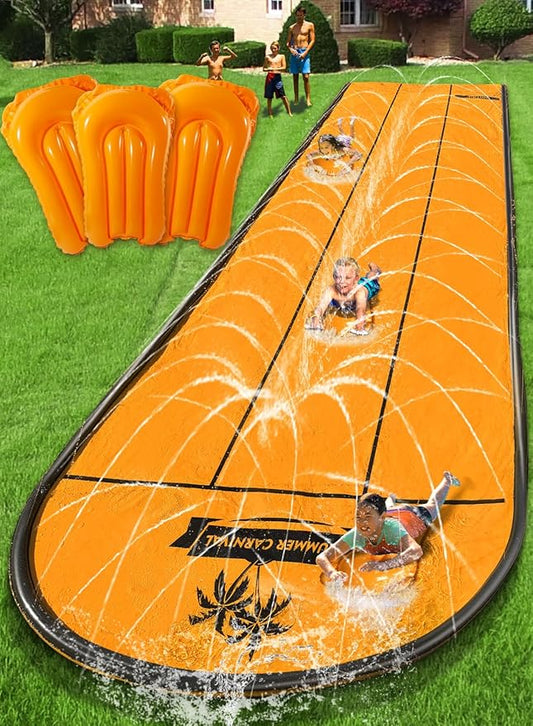 Spring Water Slip and Water Slide for Kids Backyard, 17ft*3 Racing Lanes Slip Water Slides with Sprinkler for Age 5-8 8-12, Summer Outdoor Water Toy with 3 Inflatable Bodyboards