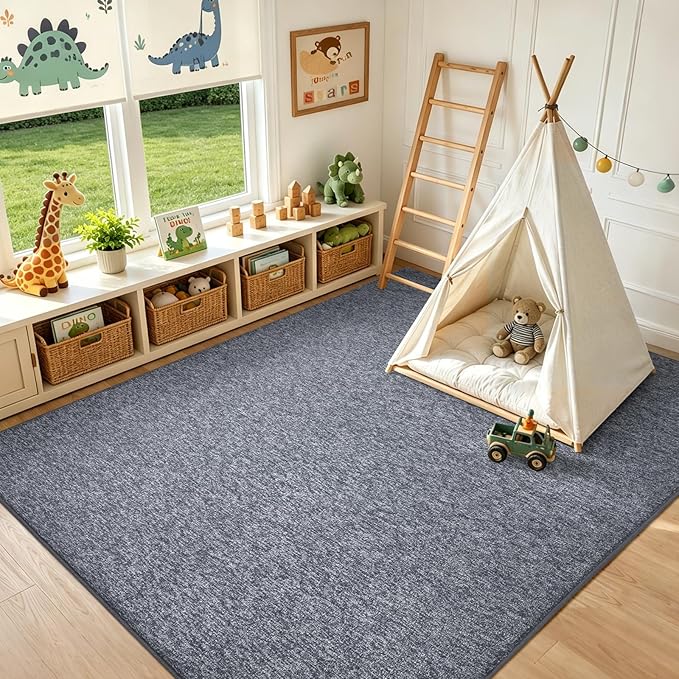 FinRèc 4x6 Washable Area Rugs for Bedroom Living Room, Low Pile Thin Rug Solid Color, Non-Slip Carpet Indoor for Home Decor (Grey Blue/White)