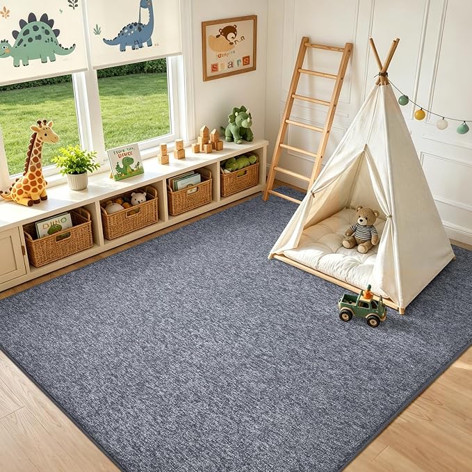 FinRèc 8x10 Washable Area Rugs for Bedroom Living Room, Low Pile Thin Rug Solid Color, Non-Slip Carpet Indoor for Home Decor (Grey Blue/White)