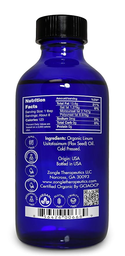 Organic, Flaxseed Oil, Liquid, Supplement, for Cooking, Hair – 100% Pure, Flaxseed Oil, by Zongle Therapeutics, 4 OZ