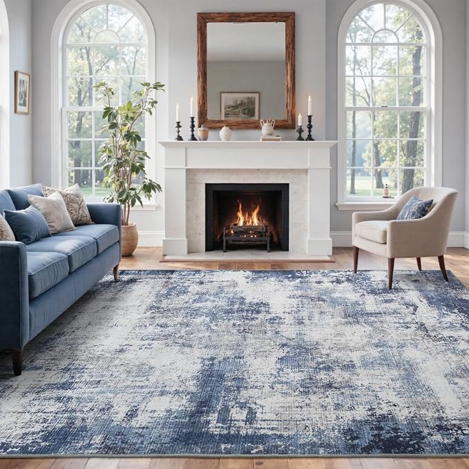 8x10 Ft Large Area Rugs for Living Room, Soft Non-Slip Washable Rugs Modern Abstract Pattern Carpet for Bedroom Indoor Floor Nursery Home Decor (Blue)