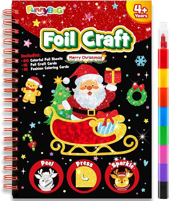 FUNNYB&G Foil Art Crafts for Kids Ages 4-8: Valentines Crafts for Kids 2026,Birthday Gift for Girls,Art and Crafts Supplies,Party Favors,Creative Toys for Girls Boys 4 5 6 7 8 9 Years Old(Christmas)