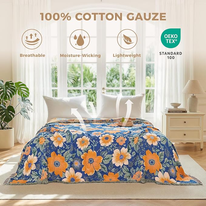 LUTBM Boho Throw Blanket for Couch 50"x60", Cotton Decorative Bed Throws | Blue Reversible Florals Jacquard, All-Season Lightweight Soft Blanket, For Chair Sofa Bedroom Living Room Decor