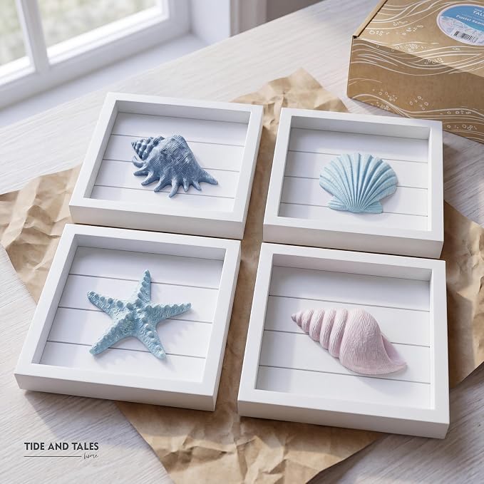Tide and Tales 3D Coastal Wall Art, Beach Wall Decor, Framed Set of 4 | 7" x 7", Textured 3D Seashells, Bathroom Bedroom Kitchen Room Decor, Lightweight, Hand Painted, Gift Boxed, Hanging Ready
