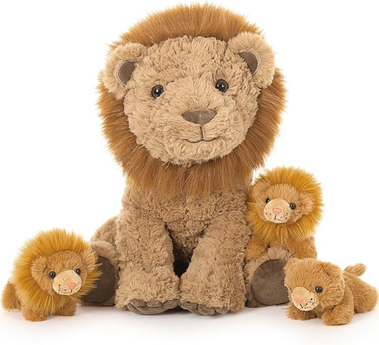 Tezituor 4 Piece Lion Plush Set 17.7 Inch Large Lion Stuffed Animals, Back Zipper Unzip Inside 3 Cute Little Lions, Soft Cuddle Lion Plush Boys Girls Birthday Gift Forest Party Decoration