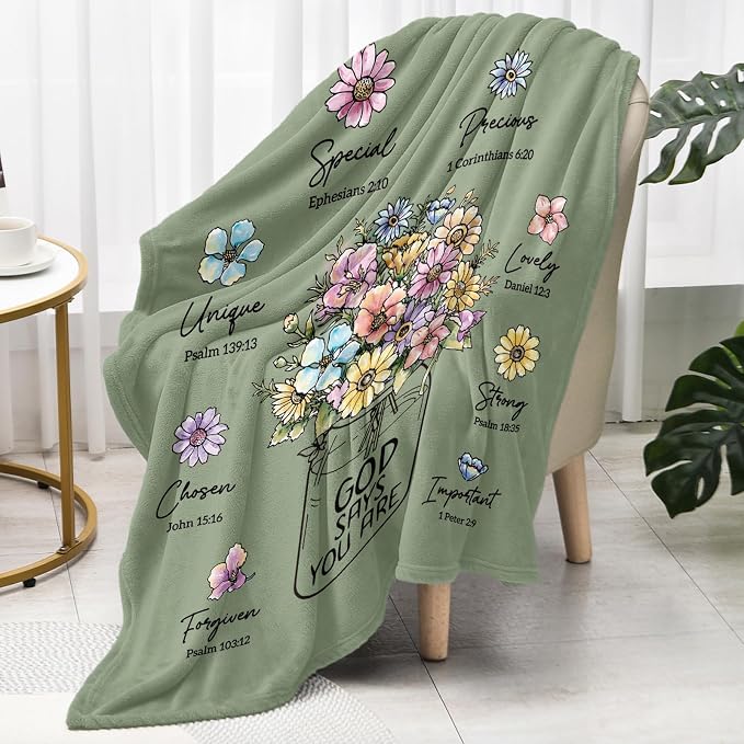 Christian Religious Gifts for Women, Birthday Gifts for Women Mom Sister | Christmas Baptism Confirmation Spiritual Gifts for Girl daughter Grandma, Throw Blankets with Flowers 60''x 50'', Sage Green
