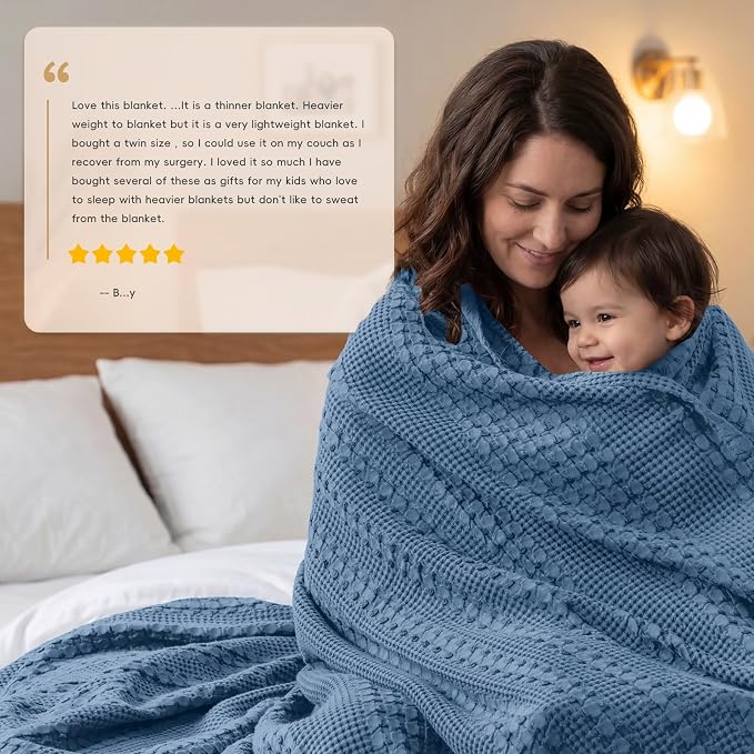 PHF 100% Cotton Waffle Weave Blanket King Size, Lightweight Breathable Summer Blanket for Hot Sleepers, Pre-Washed Soft Layer for Bed, Couch, Home Decor Gift, 108"x90", Denim Blue