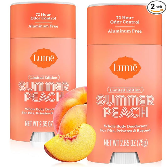 Lume Whole Body Deodorant - Smooth Solid Stick - 72 Hour Odor Control - Doctor Developed - Aluminum Free, Baking Soda Free and Skin Loving - 2.6 Ounce - Pack of 2 - (Summer Peach)