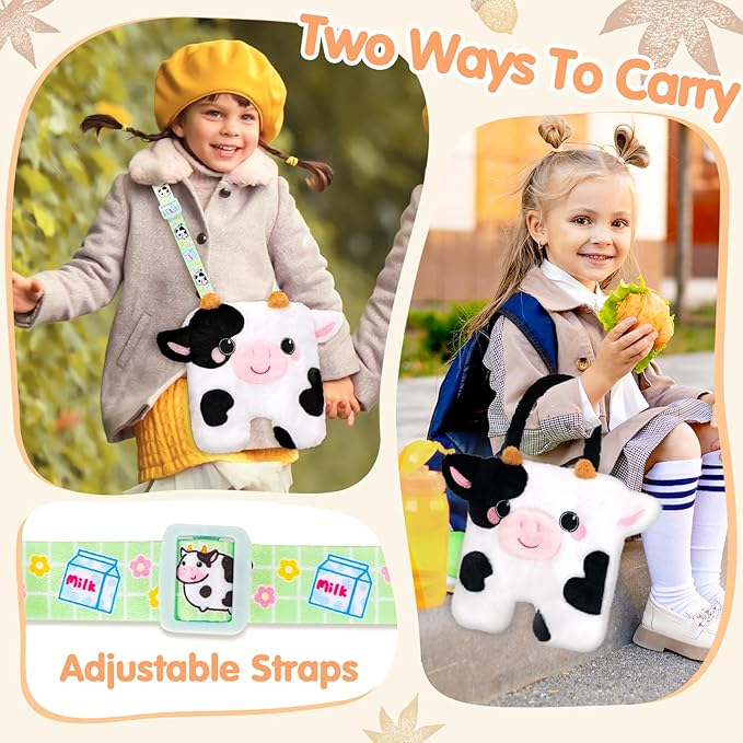 Cow Plush Bag Crossbody Bag for Kids, Plush Handbag Tote Bag with Adjustable Strap,Soft Plush Cow Stuffed Purse with Zipper,Coin Pouch Accessories for Toddlers Kids
