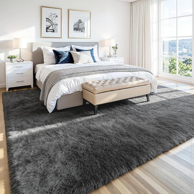 8x10 Area Rug for Living Room, Ultra Soft Fluffy Grey Rugs for Bedroom, Non Slip Large Shag Carpet, Fuzzy Plush Nursery Rug, Thick Washable Indoor Floor Carpets for Kids Office Dorm Home Decor
