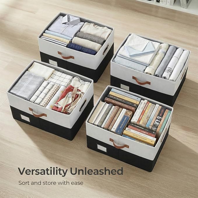 Storage Bins with Lids [3-Pack] Linen Fabric Foldable Storage Boxes Organizer Containers Baskets Cube with Cover for Bedroom Closet Office Grey&Black (23.4X15.9X11.4)