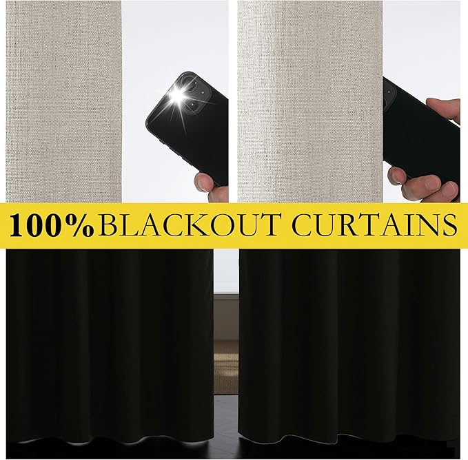 NICETOWN Brich Vintage Open Linen Weave Flax Thermal Curtains, 100% Blackout Curtains 63" Long for Dining Room, Soundproof Window Treatment Drapes for Dorm Room, 62" Wide Per Panel, Set of 2