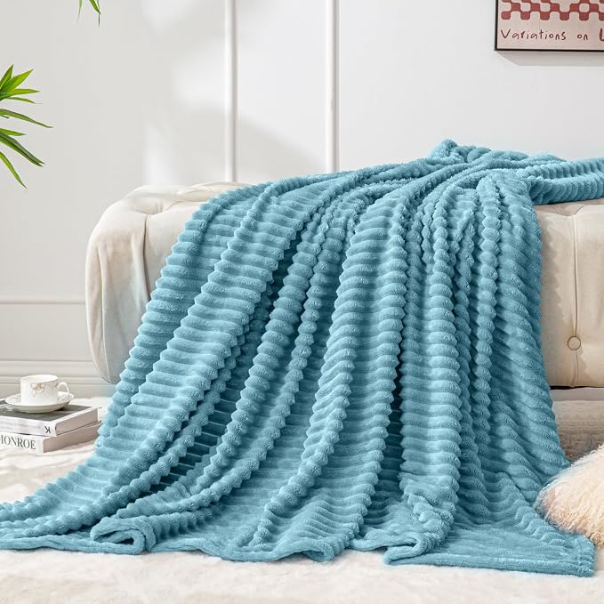 BEDELITE 3D Ribbed Washed Blue Fleece Twin Blanket for Bed, 60x80 Inch | Soft Warm Decorative Fluffy Blanket, Cozy Plush Lightweight Fuzzy Throw Blanket for Couch Sofa Room Decor, Gift for Women