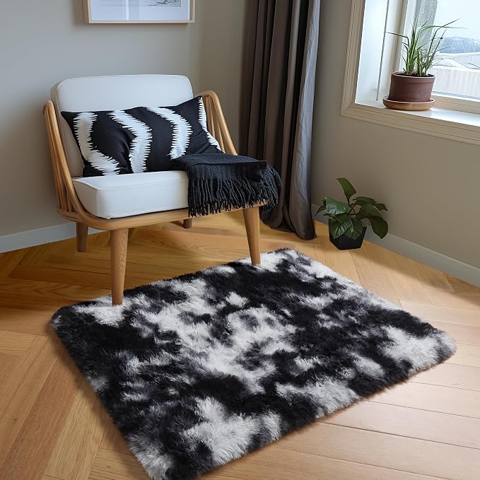 Amdrebio Black White Grey Small Mini Rug 2x3 for Boys Bedroom Dorm Office | Fuzzy Fluffy Furry Plush Cool Carpet, Classroom Men Cave Playroom Living Room Decor, Gothic Aesthetic, Teen Baby Kids Corner