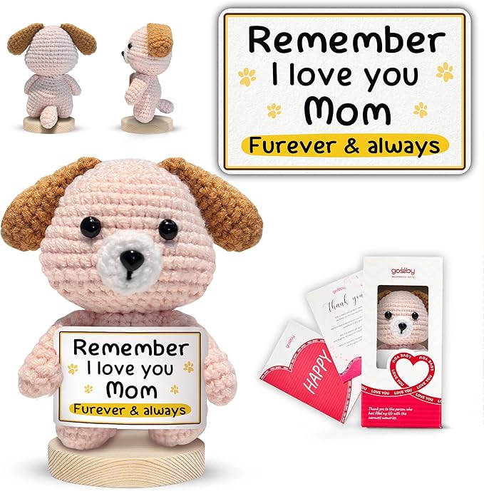 Gossby Handmade Positive Dog Crochet with Message - Gift for Mom - I Love You FUREVER & Always - Mom Gifts from Daughter, Son, Kid - Mothers Day, Christmas, Birthday Gift - Knitted Decor