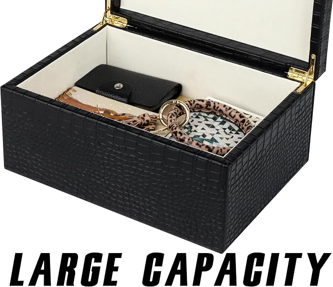 HofferRuffer Faux Leather Decorative Box, Large Wooden Structure Keepsake Box Accessory Organizer Jewelry Organizer with Hinged Lid, Storage Container for Home or Office (CrocoBlack)