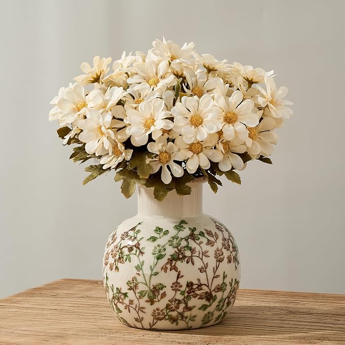 SIDUCAL Ceramic Green and Beige Antique Vase, 5.91 Inch Retro Ice Cracked Chinoiserie Floral Vase, Rustic Farmhouse Vases for Home Decor, Bookshelf, Office, Garden, Chinoiserie Decor, Tuscan Decor