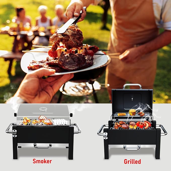 BBQCuker Portable Charcoal Grill with Warming Rack, Tabletop Charcoal Grill, Small BBQ Grill with Thermometer(100-800°F), Outdoor Charcoal Smoker for Camping, Picnic, Hiking, Beach and Travel