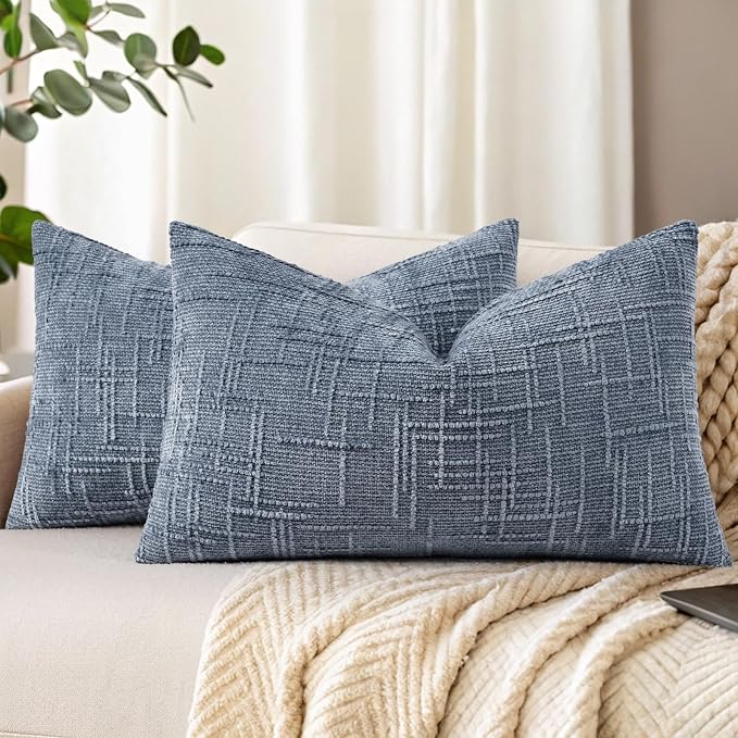 decorUhome Textured Chenille Throw Pillow Covers 12x20 Set of 2 Grey Blue | Fall Modern Farmhouse Soft Cozy Slubby Couch Pillow Cases Boho Decorative Pillow Cases for Bed Sofa Living Room Home Decor