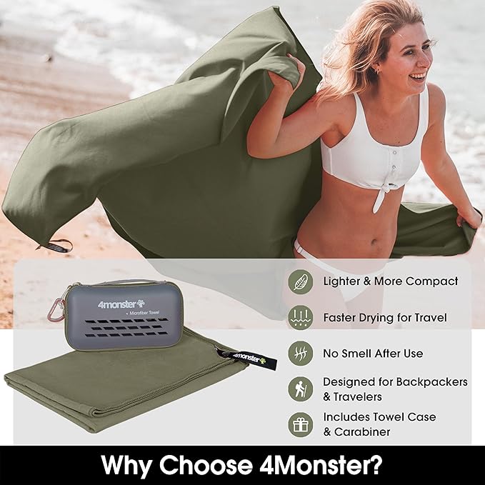 4Monster Quick Dry Travel Towel with Case & Carabiner – Super Absorbent Microfiber Gym & Camping Towel. Compact, Lightweight, Fast Drying for Beach, Swimming, Hiking, Backpacking